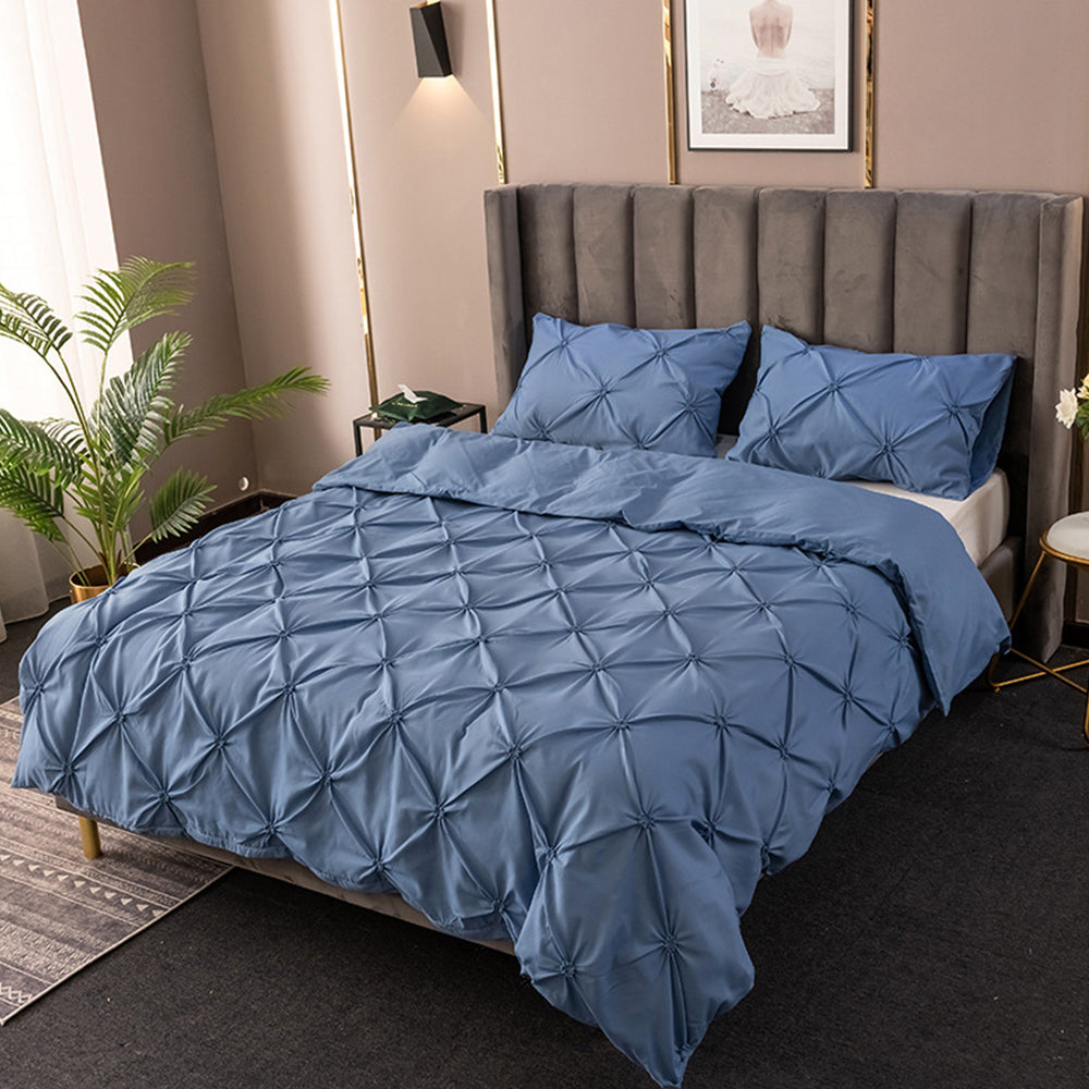 Duvet Cover Queen Diamond Pintuck Quilt Cover Set Comforter Pillow Case for All Seasons-Blue