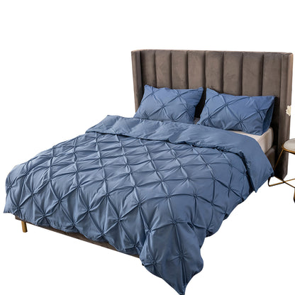 Duvet Cover Queen Diamond Pintuck Quilt Cover Set Comforter Pillow Case for All Seasons-Blue