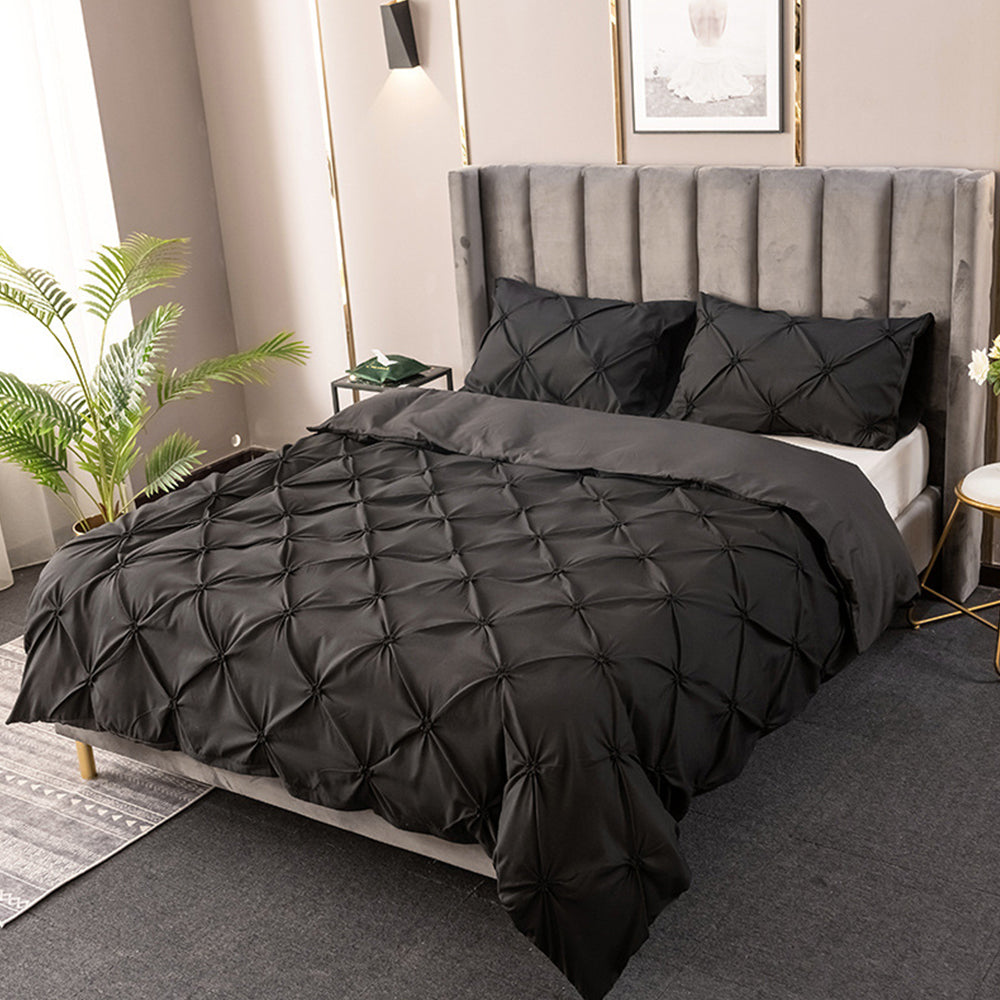 Duvet Cover Queen Diamond Pintuck Quilt Cover Set Comforter Pillow Case for All Seasons-Black