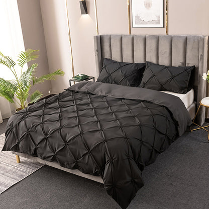 Duvet Cover Queen Diamond Pintuck Quilt Cover Set Comforter Pillow Case for All Seasons-Black