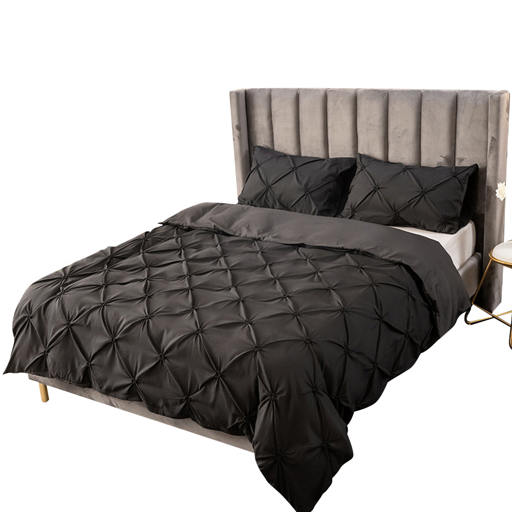 Duvet Cover Queen Diamond Pintuck Quilt Cover Set Comforter Pillow Case for All Seasons-Black