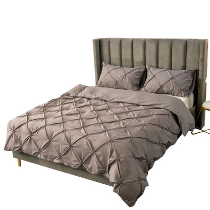 Duvet Cover Queen Diamond Pintuck Quilt Cover Set Comforter Pillow Case for All Seasons-Grey