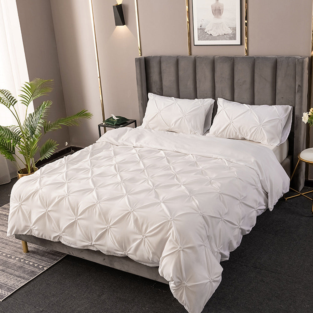 Duvet Cover Queen Diamond Pintuck Quilt Cover Set Comforter Pillow Case for All Seasons-White