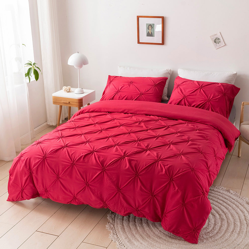 Duvet Cover Queen Diamond Pintuck Quilt Cover Set Comforter Pillow Case for All Seasons-Wine Red