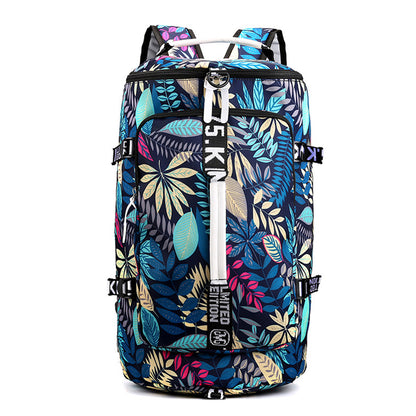 Large Capacity Flower Pattern Travel Duffle Bag Sport Gym Backpack -Blue