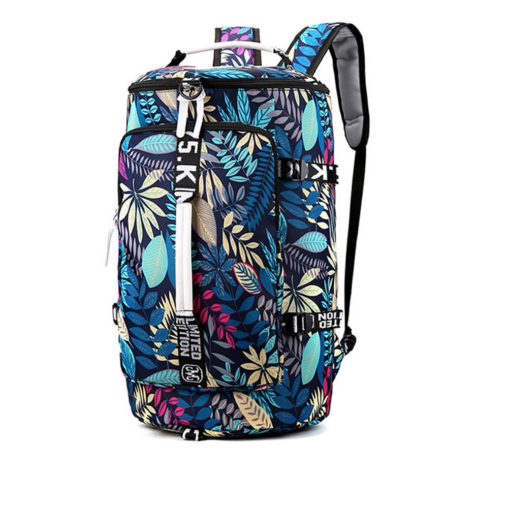 Large Capacity Flower Pattern Travel Duffle Bag Sport Gym Backpack -Blue