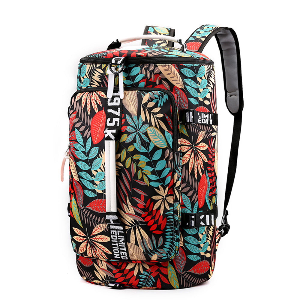 Large Capacity Flower Pattern Travel Duffle Bag Sport Gym Backpack -Red