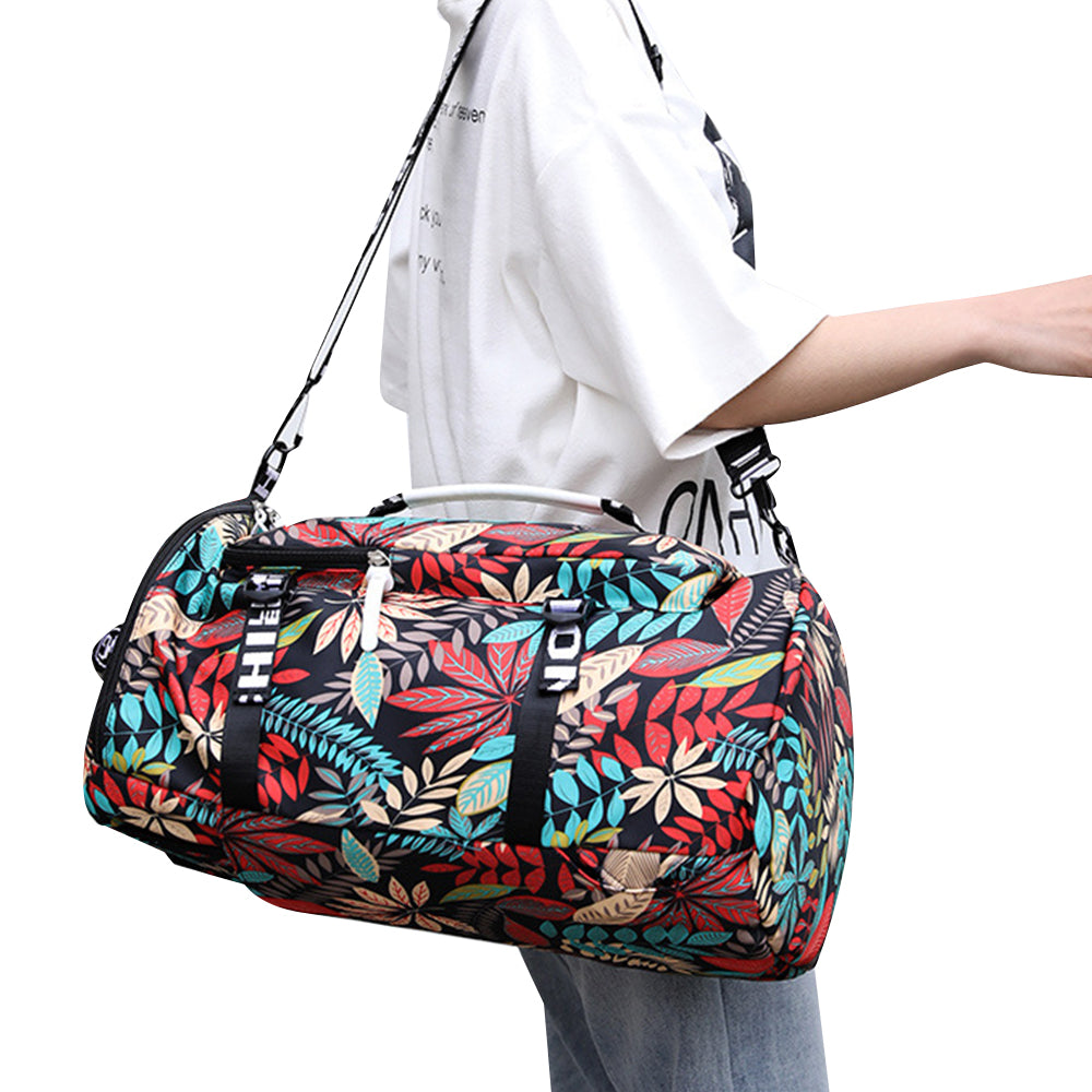 Large Capacity Flower Pattern Travel Duffle Bag Sport Gym Backpack -Red