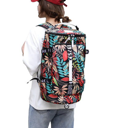 Large Capacity Flower Pattern Travel Duffle Bag Sport Gym Backpack -Red