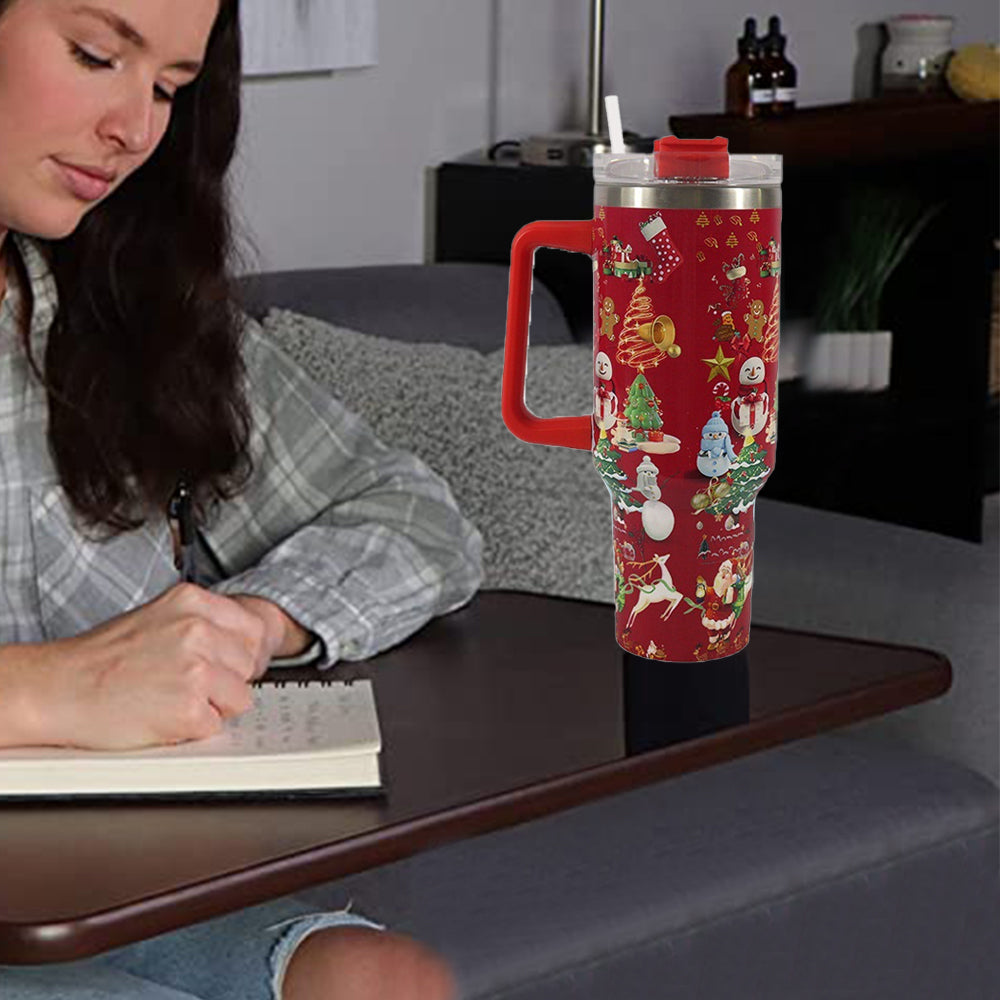 40oz Stainless Steel Christmas Pattern Water Bottle Thermal Mug Travel Tumbler Christmas Gifts Red