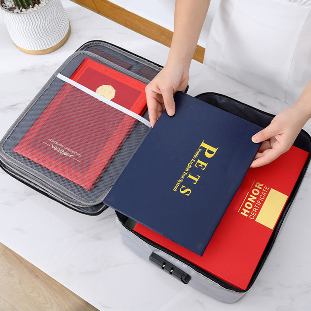Document Bag Fireproof Document Organizer with Lock Home Office Travel Safe Holder Portable File Storage Box-Grey
