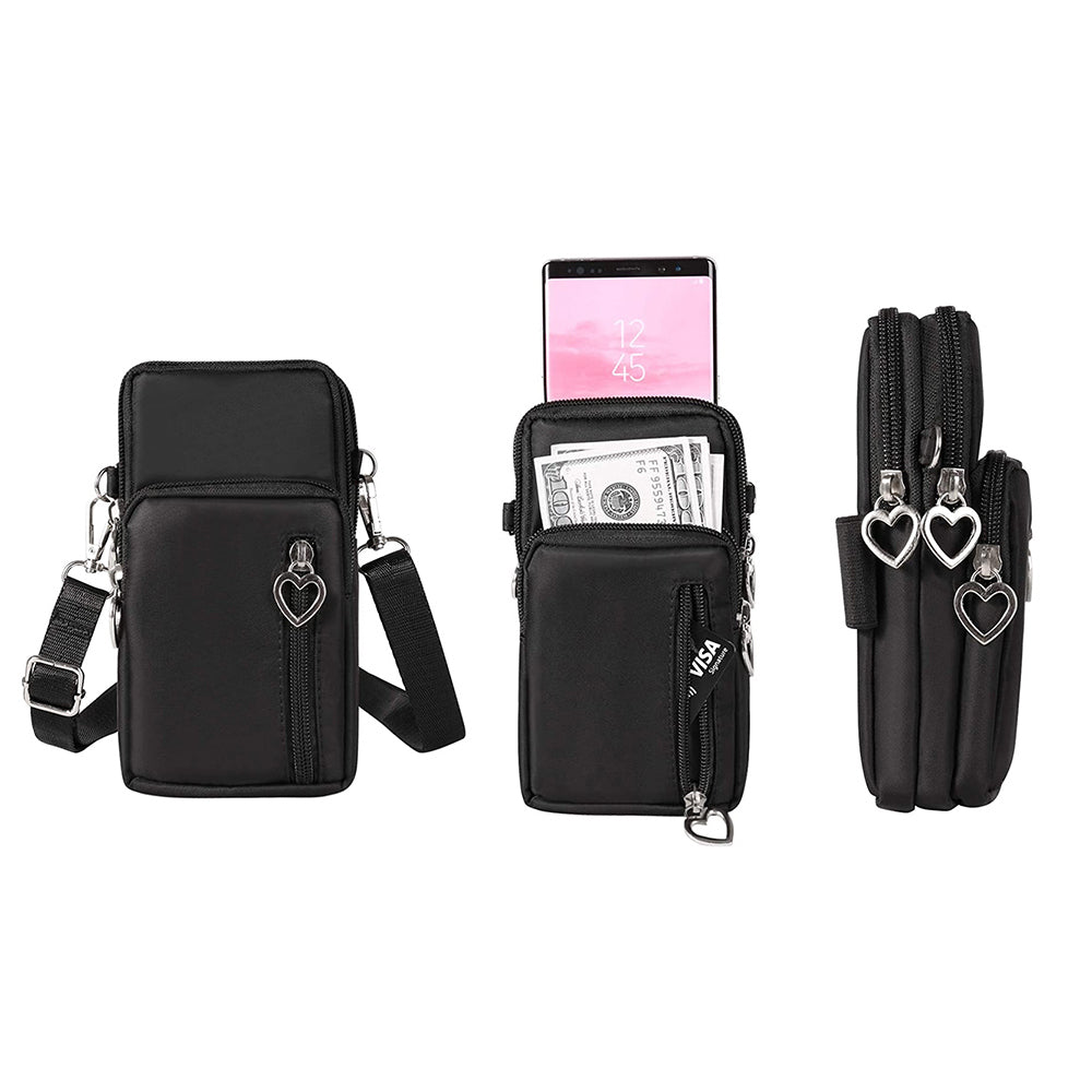 Nylon Phone Multi-Pocket Crossbody Bag Screen Cell Phone Purses and Wallet Lightweight Travel Handbag -Black