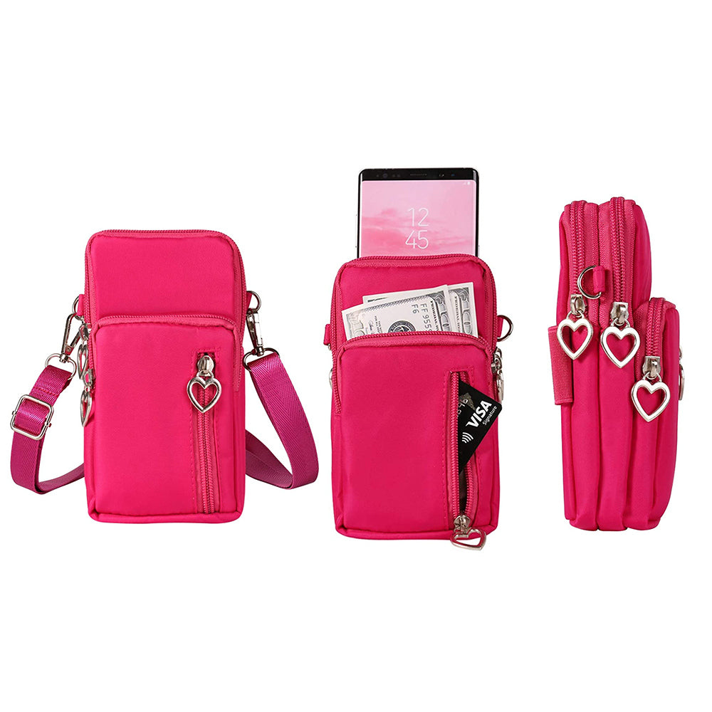 Nylon Phone Multi-Pocket Crossbody Bag Screen Cell Phone Purses and Wallet Lightweight Travel Handbag -Rose Red