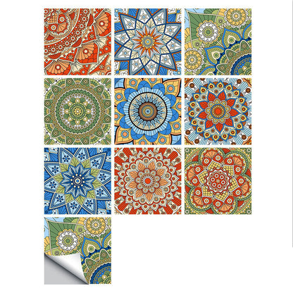 Wall Art 10Pcs Mandala Pattern Tile Wall Stickers Water Resistant Wallpaper Removable Decal for Kitchen Bathroom-