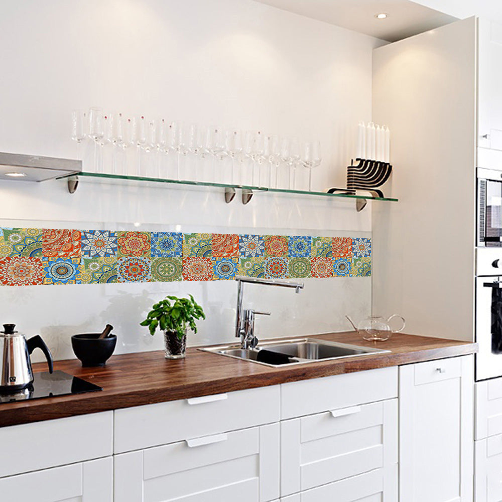 Wall Art 10Pcs Mandala Pattern Tile Wall Stickers Water Resistant Wallpaper Removable Decal for Kitchen Bathroom-