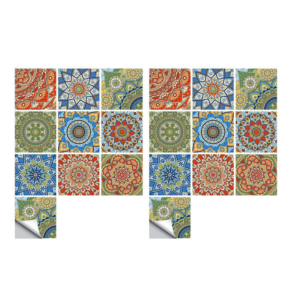 Wall Art 10Pcs Mandala Pattern Tile Wall Stickers Water Resistant Wallpaper Removable Decal for Kitchen Bathroom-