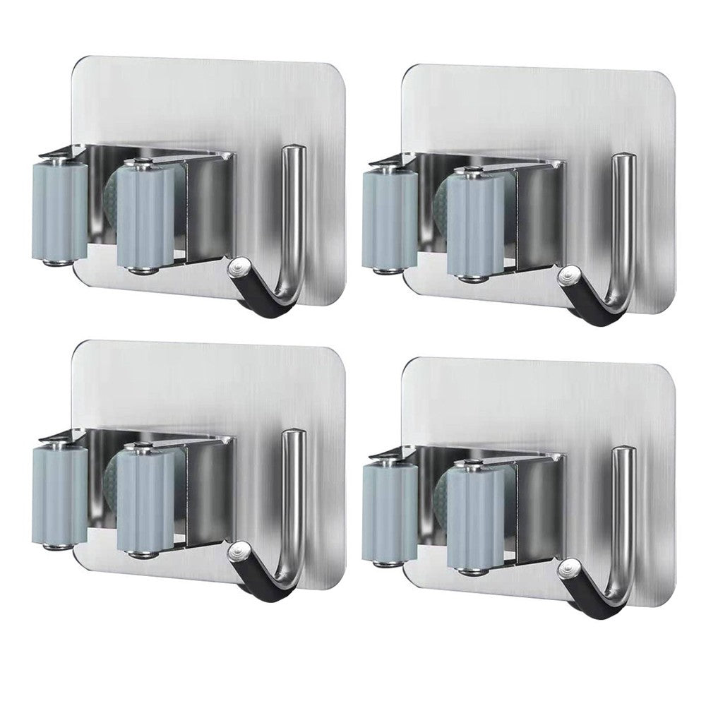 4Pcs Mop Holder with Side Hook Punch Free Wall-mounted 304 Stainless Steel Bathroom Wall Hanging Mop Broom Storage Clip for Daily Use - Silver