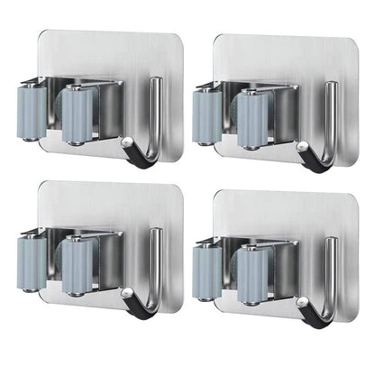 4Pcs Mop Holder with Side Hook Punch Free Wall-mounted 304 Stainless Steel Bathroom Wall Hanging Mop Broom Storage Clip for Daily Use - Silver