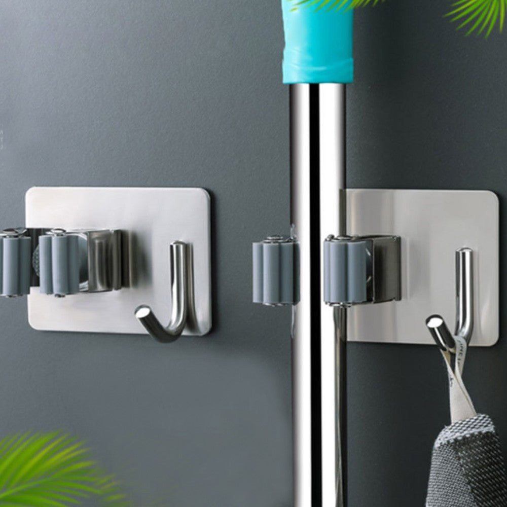 4Pcs Mop Holder with Side Hook Punch Free Wall-mounted 304 Stainless Steel Bathroom Wall Hanging Mop Broom Storage Clip for Daily Use - Silver