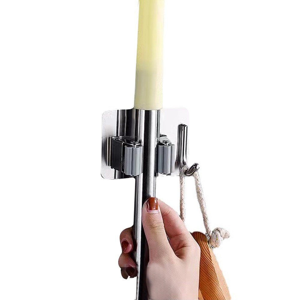 4Pcs Mop Holder with Side Hook Punch Free Wall-mounted 304 Stainless Steel Bathroom Wall Hanging Mop Broom Storage Clip for Daily Use - Silver