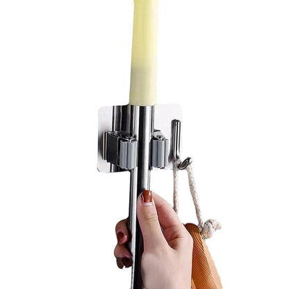 4Pcs Mop Holder with Side Hook Punch Free Wall-mounted 304 Stainless Steel Bathroom Wall Hanging Mop Broom Storage Clip for Daily Use - Silver