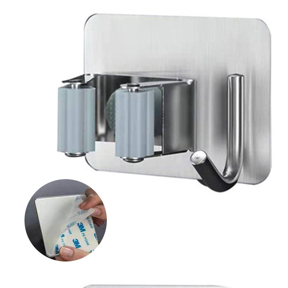 4Pcs Mop Holder with Side Hook Punch Free Wall-mounted 304 Stainless Steel Bathroom Wall Hanging Mop Broom Storage Clip for Daily Use - Silver