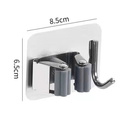 4Pcs Mop Holder with Side Hook Punch Free Wall-mounted 304 Stainless Steel Bathroom Wall Hanging Mop Broom Storage Clip for Daily Use - Silver