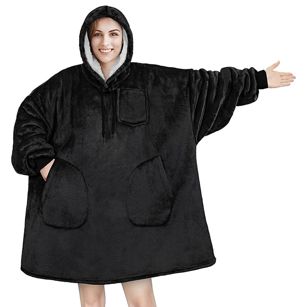 Unisex Oversize Hooded Blanket with Pocket Wearable Hoodie Blanket for Adult Black