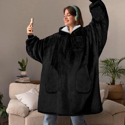 Unisex Oversize Hooded Blanket with Pocket Wearable Hoodie Blanket for Adult Black