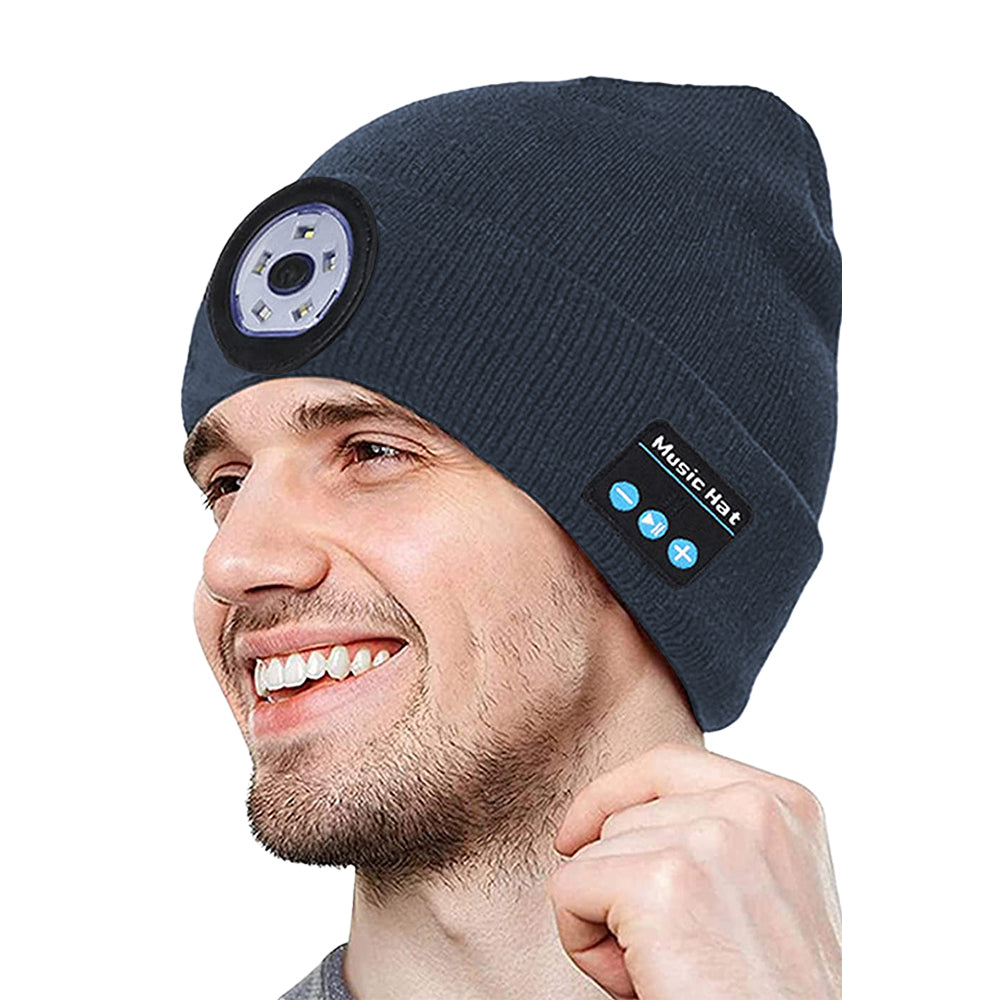 Bluetooth Beanie 2pcs Wireless Bluetooth Beanie Hat with Head Light Wireless Stereo Headphone -Navy Blue