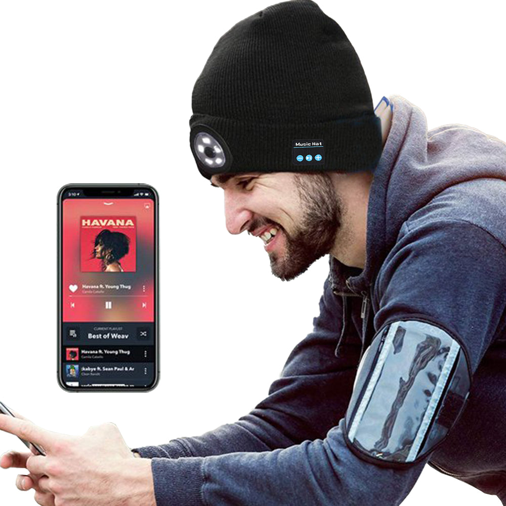 Bluetooth Beanie 2pcs Wireless Bluetooth Beanie Hat with Head Light Wireless Stereo Headphone -Black