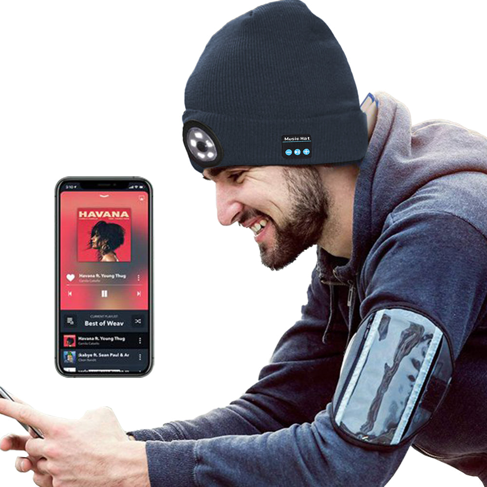Bluetooth Beanie 2pcs Wireless Bluetooth Beanie Hat with Head Light Wireless Stereo Headphone -Navy Blue