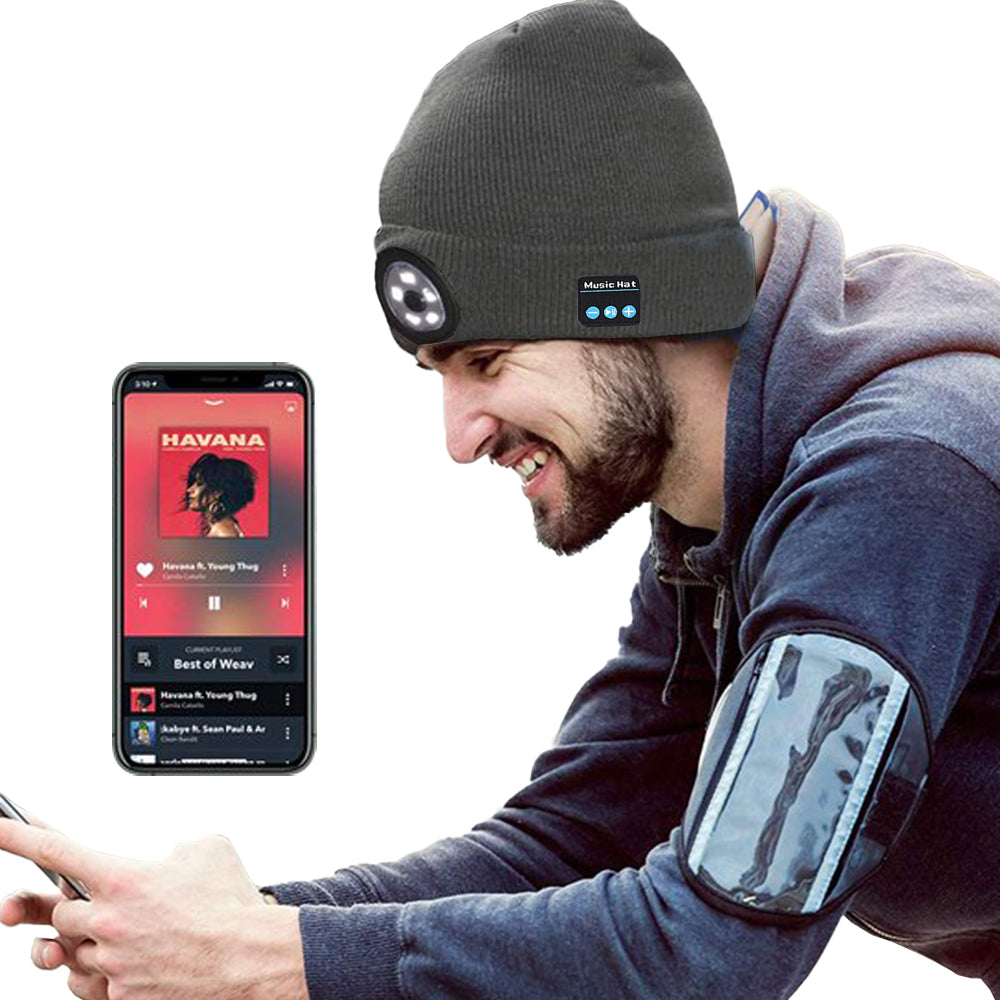 Bluetooth Beanie Wireless Bluetooth Beanie Hat with Head Light Wireless Stereo Headphone -Dark Grey