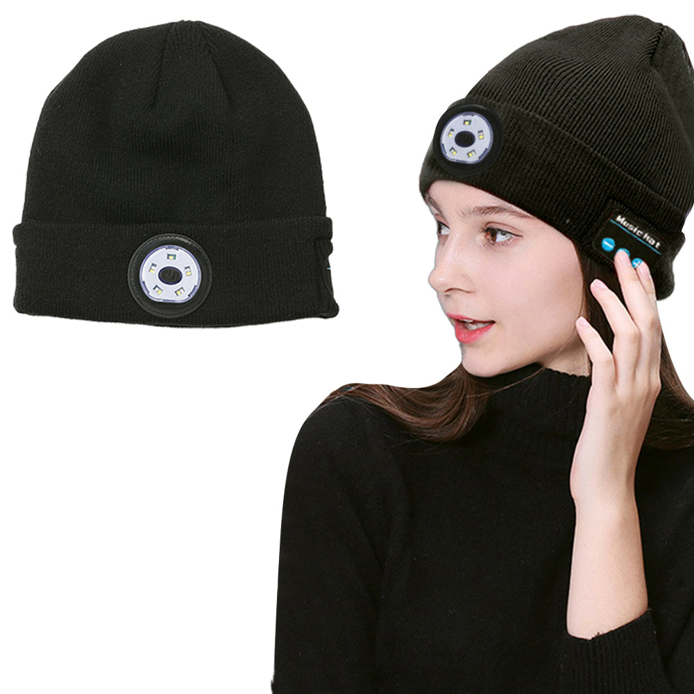 Bluetooth Beanie Wireless Bluetooth Beanie Hat with Head Light Wireless Stereo Headphone -Black