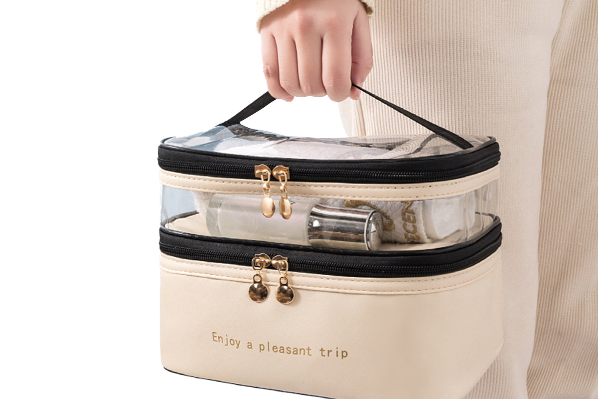 Double Layer Portable Makeup Bag Organizer for Travel-Beige