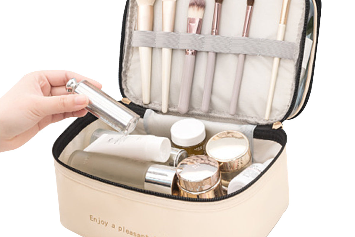 Double Layer Portable Makeup Bag Organizer for Travel-Beige