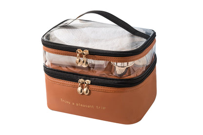 Double Layer Portable Makeup Bag Organizer for Travel-Brown