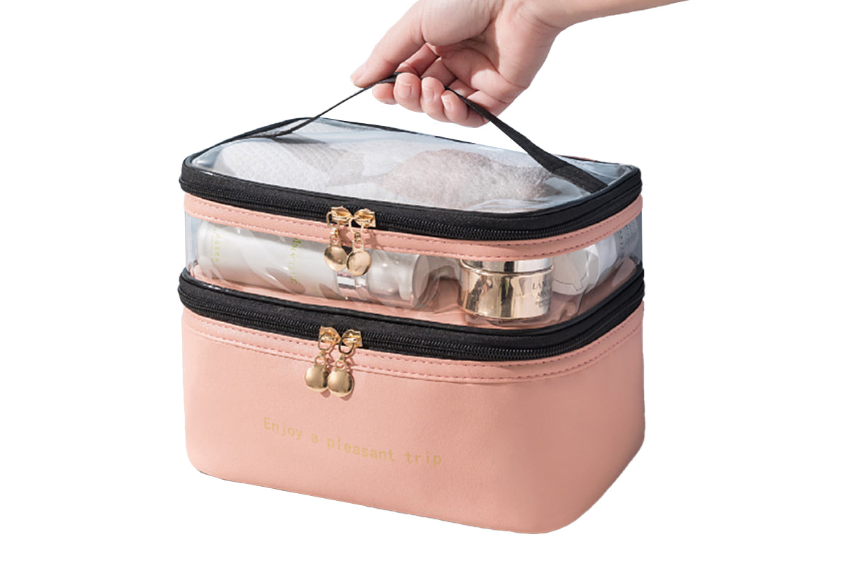 Double Layer Portable Makeup Bag Organizer for Travel-Pink