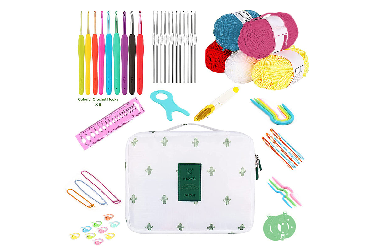 58Pcs Crochet Kit Yarn and Knitting Accessories Set with Storage Bag for Beginners-Cactus
