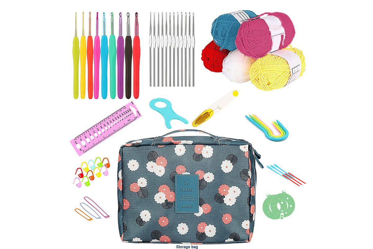 58Pcs Crochet Kit Yarn and Knitting Accessories Set with Storage Bag for Beginners-Flower