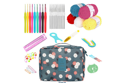 58Pcs Crochet Kit Yarn and Knitting Accessories Set with Storage Bag for Beginners-Flower