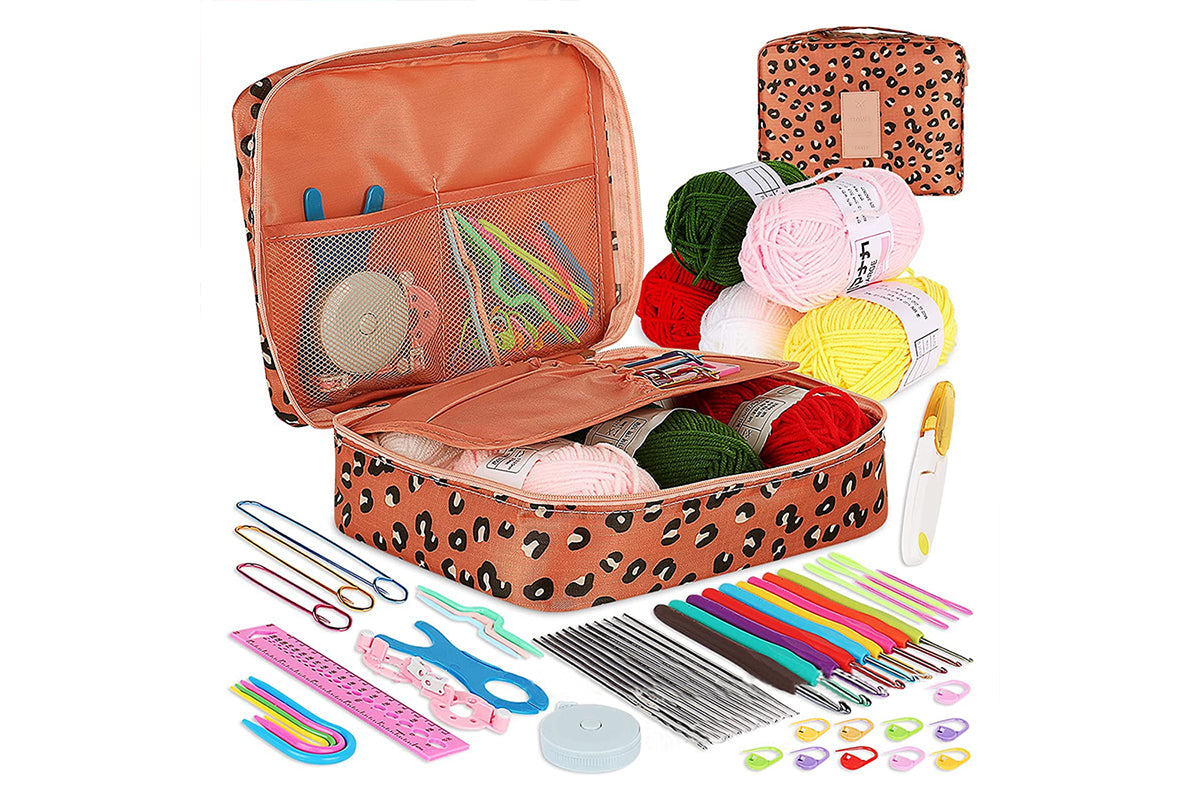 58Pcs Crochet Kit Yarn and Knitting Accessories Set with Storage Bag for Beginners-Leopard print
