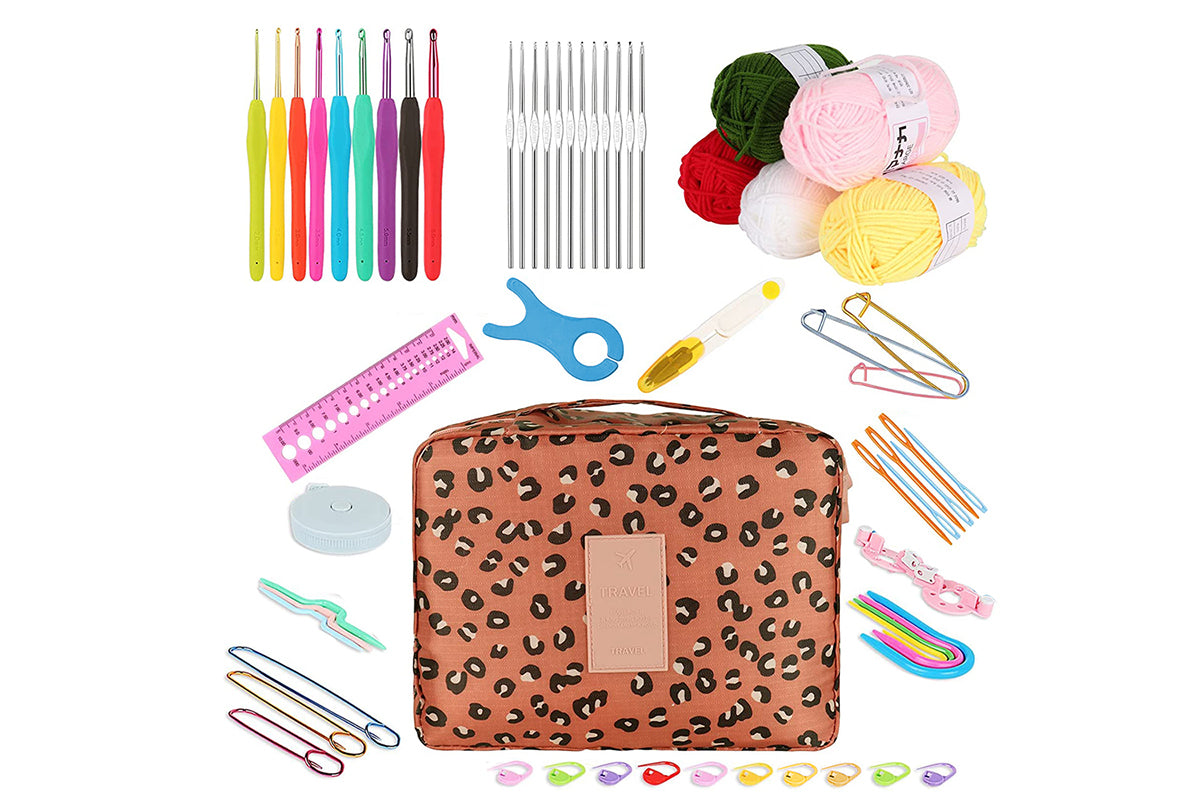 58Pcs Crochet Kit Yarn and Knitting Accessories Set with Storage Bag for Beginners-Leopard print