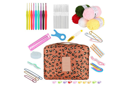 58Pcs Crochet Kit Yarn and Knitting Accessories Set with Storage Bag for Beginners-Leopard print