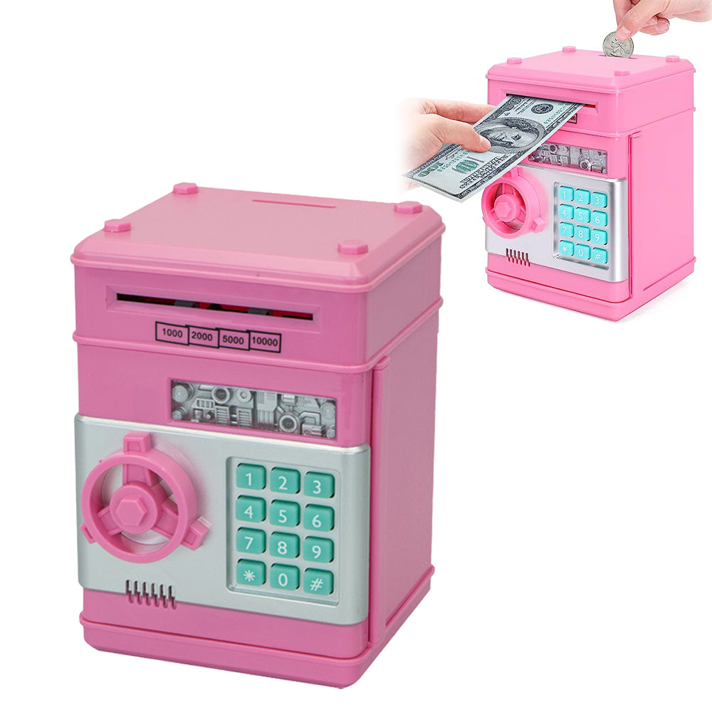 Piggy Bank Electronic ATM Password Cash Coin Can Scroll Paper Money Saving Box Gift -Pink