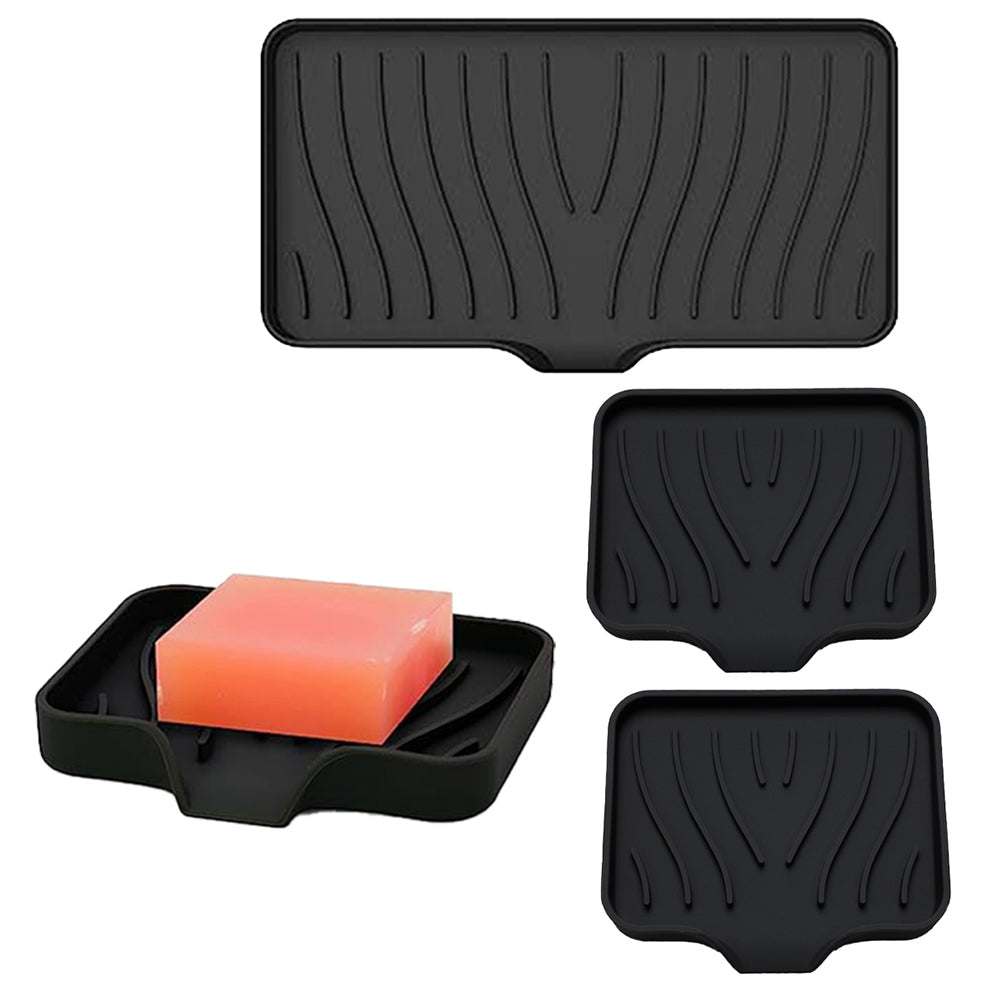 3Pcs Silicone Soap Dish Holder Self Draining Non-slip Soap Trays Black