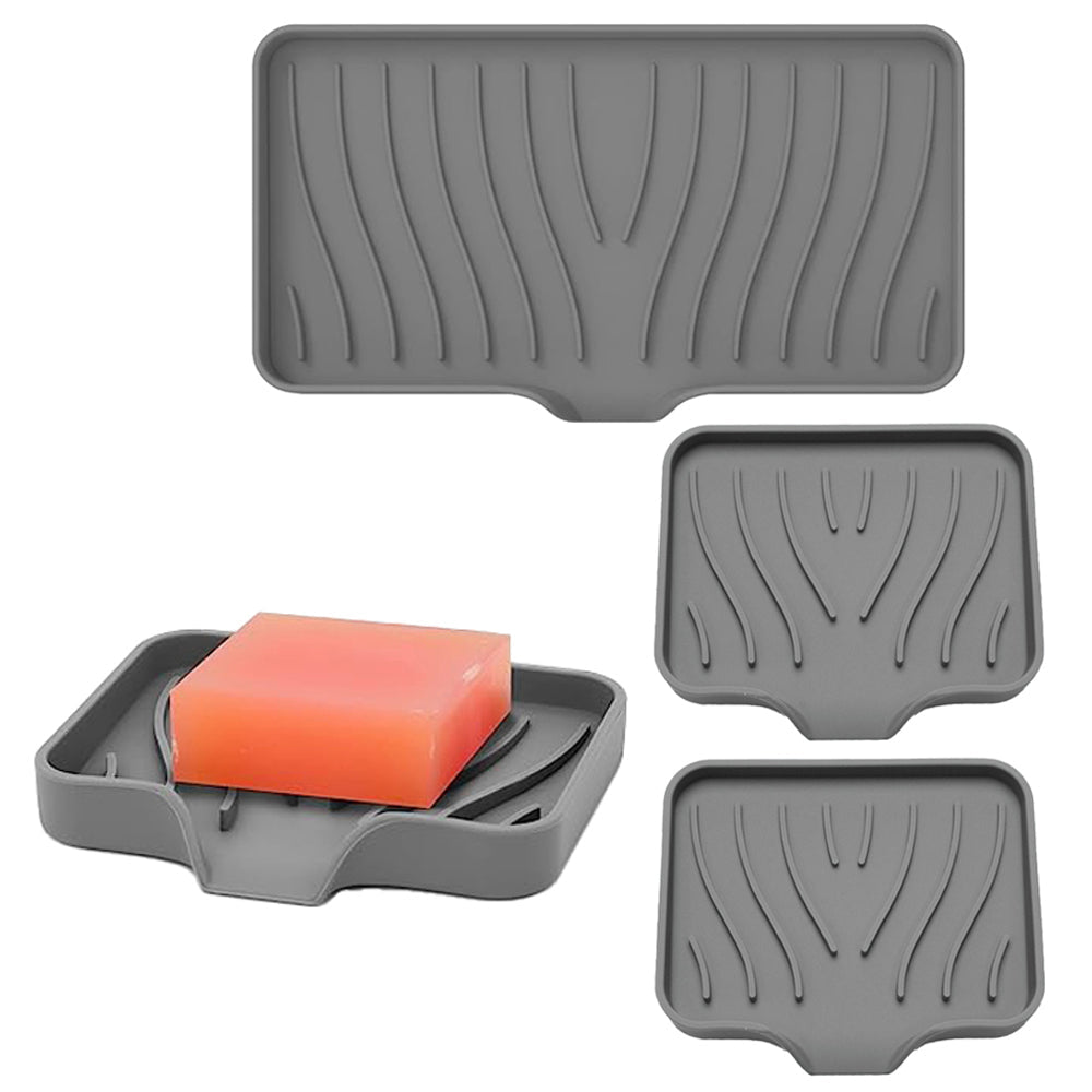 3Pcs Silicone Soap Dish Holder Self Draining Non-slip Soap Trays Gray