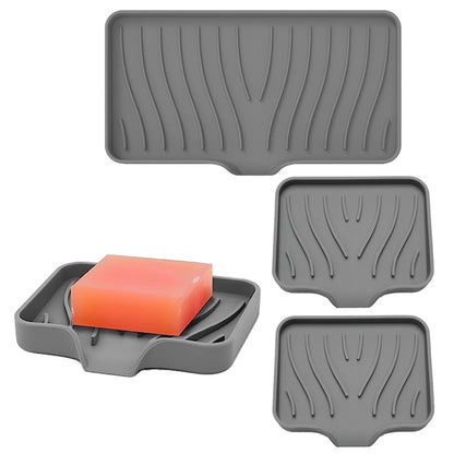 3Pcs Silicone Soap Dish Holder Self Draining Non-slip Soap Trays Gray