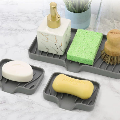 3Pcs Silicone Soap Dish Holder Self Draining Non-slip Soap Trays Gray