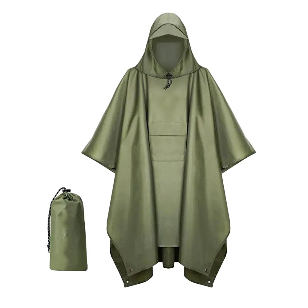 3-in-1 Unisex Hooded Rain Poncho Raincoat Jacket for Hiking Camping Army Green